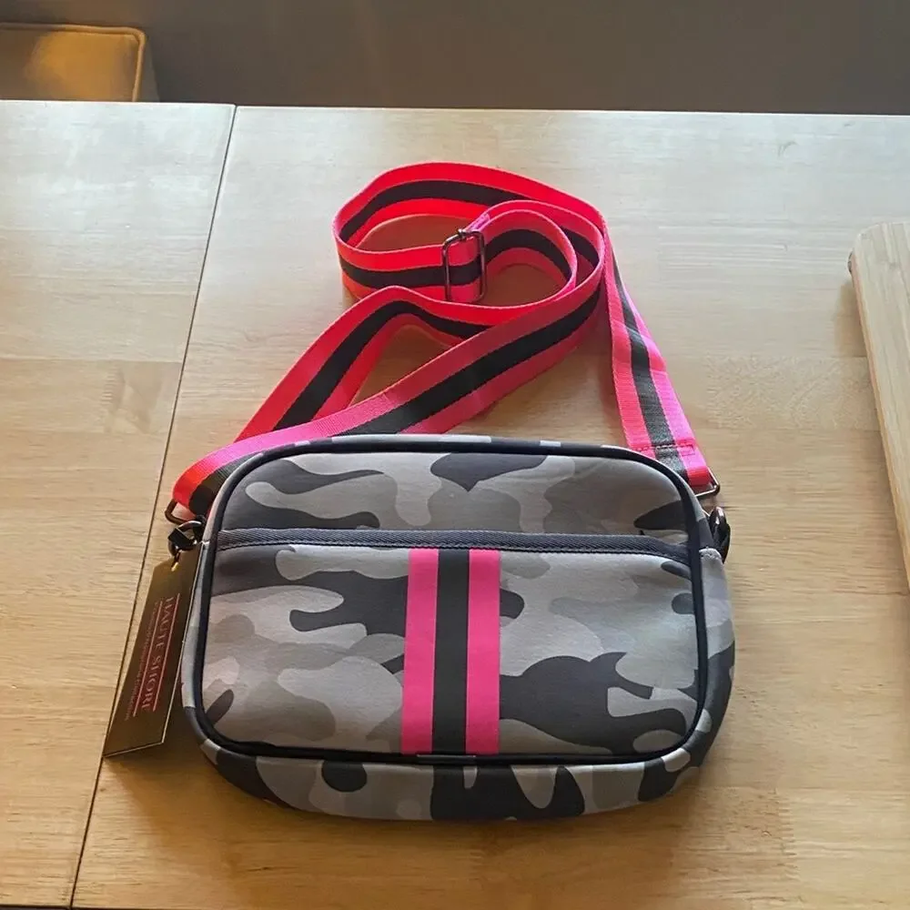 HAUTE SHORE Camouflage Crossbody Bag with Pink Stripes - Picture 1 of 9